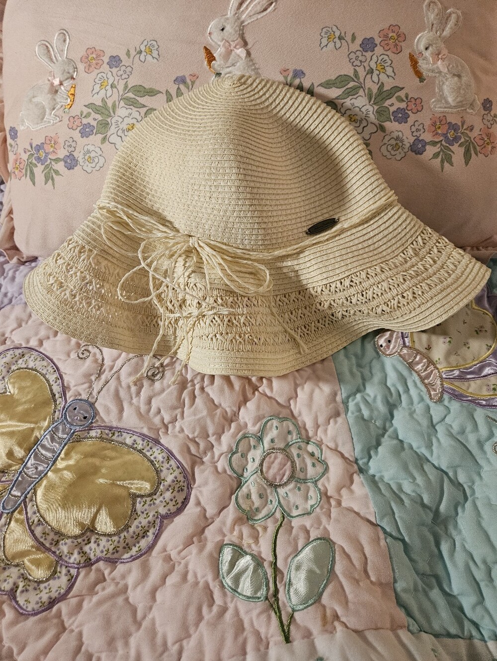 Panama Jack Cream Wide-Brim Straw Sun Hat with Bow Trim